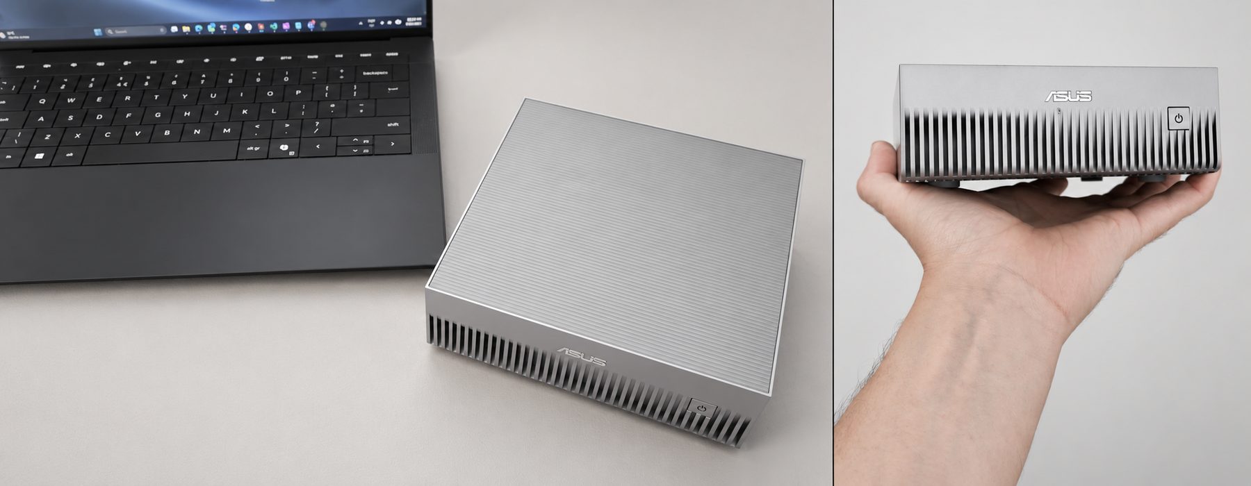 The Kubrius Core appliance sitting on a desk next to a laptop, and the same unit held in one hand.